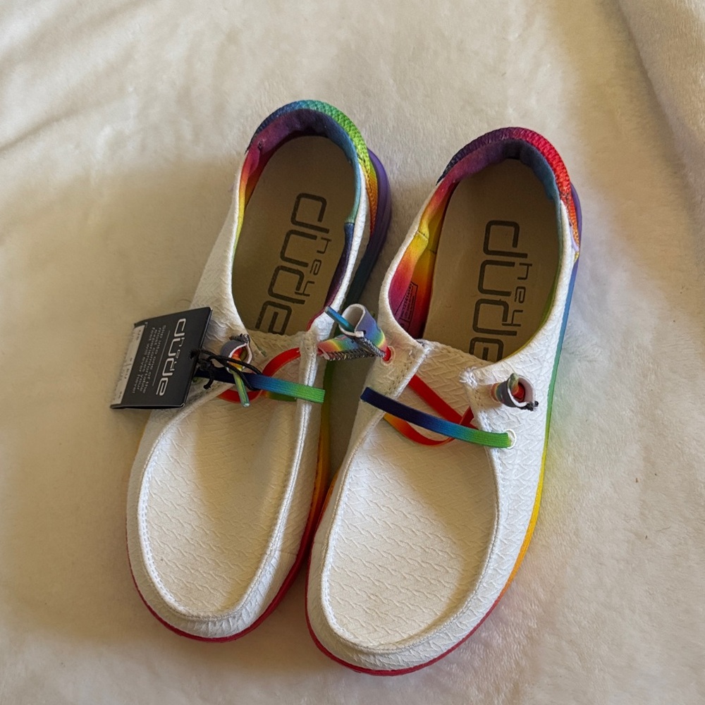 Hey Dude White and Rainbow Shoes size 5